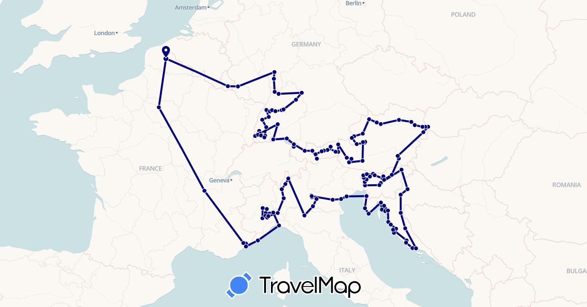 TravelMap itinerary: driving in Austria, Switzerland, Germany, France, Croatia, Italy, Luxembourg, Slovenia, Slovakia (Europe)